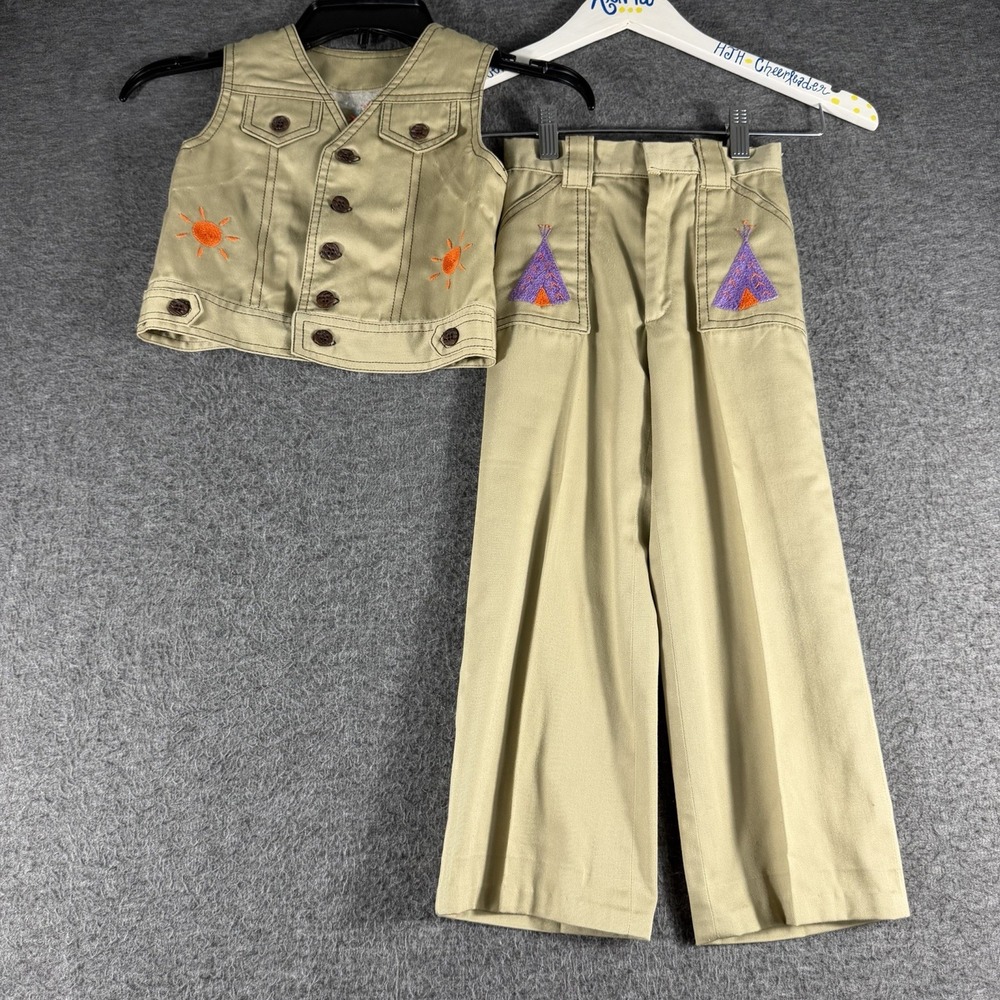 Vintage 70's Kids Handmade Vest & Pants Needlepoint Hippie Retro Cowboy Wagon